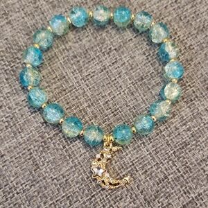 Gold and Blue Glass Beaded Bracelet with Starry Moon Charm